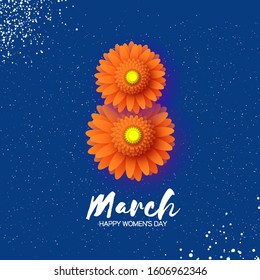 8 March. Beautiful Orange Gerbera Flowers. Origami layered Floral bouquet. Happy Womens Day, Mothers Day or Birthday. Spring. Paper cut style. Floral blossom. Text on dark blue.