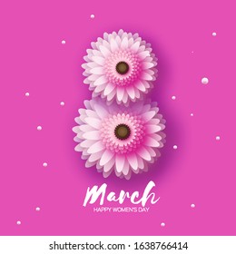 8 March. Beautiful Pink Gerbera Flowers. Origami layered Floral bouquet. Happy Womens Day, Mothers Day or Birthday. Spring. Paper cut style. Floral blossom. Text on pink.