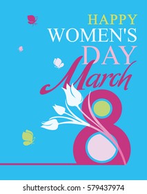 8 March. Beautiful spring card with tulips and butterflies.