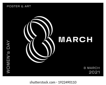 8 march black and white poster. 3d vector banner for event of international women's day in black. Template for gift card.