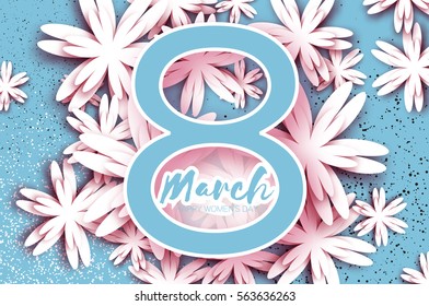 8 March. Blue Floral Greeting card. International Happy Women's Day. Origami flower holiday background with paper cut eight. Trendy Design Template. Vector illustration