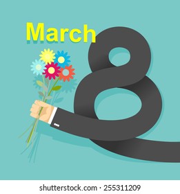 8 march. Businessman hand holding bouquet of  flowers