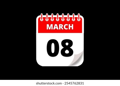 8 March calendar icon text page monthly web design on red, white and black background vector, icon, or illustration with the month of March 8