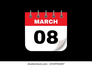 8 March calendar icon text page monthly web design on red, white and black background vector, icon, or illustration with the month of March 8