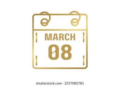 8 March calendar icon text page monthly web design on golden and white background vector, icon, or illustration with the month of March 8