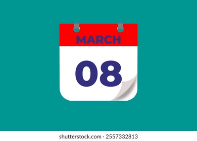 8 March calendar icon text page monthly web design on red, and blue background vector, icon, or illustration with the month of March 8