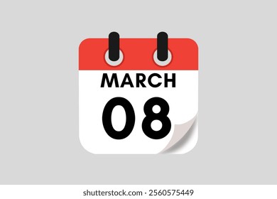 8 March calendar icon text page monthly web design on red, white, black and ash background vector, icon, or illustration with the month of March 8