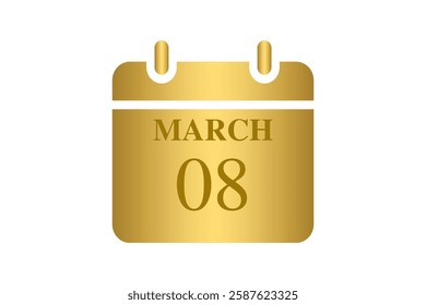 8 March calendar icon text page monthly web design on Golden and white background vector, icon, or illustration with the month of March 8