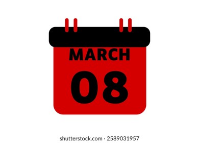 8 March calendar icon text page monthly web design on red, black and white background vector, icon, or illustration with the month of March 8