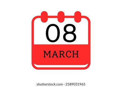 8 March calendar icon text page monthly web design on red, black and white background vector, icon, or illustration with the month of March 8