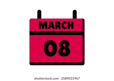 8 March calendar icon text page monthly web design on red, black and white background vector, icon, or illustration with the month of March 8