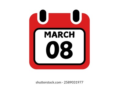 8 March calendar icon text page monthly web design on red, black and white background vector, icon, or illustration with the month of March 8