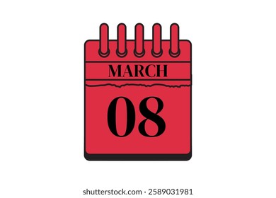 8 March calendar icon text page monthly web design on red, black and white background vector, icon, or illustration with the month of March 8
