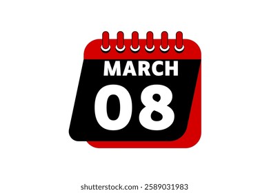 8 March calendar icon text page monthly web design on red, black and white background vector, icon, or illustration with the month of March 8