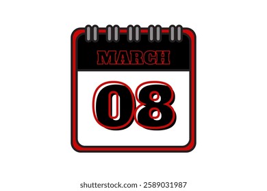 8 March calendar icon text page monthly web design on red, black and white background vector, icon, or illustration with the month of March 8