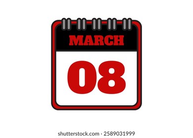 8 March calendar icon text page monthly web design on red, black and white background vector, icon, or illustration with the month of March 8