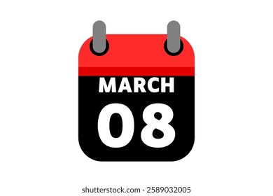 8 March calendar icon text page monthly web design on red, black and white background vector, icon, or illustration with the month of March 8