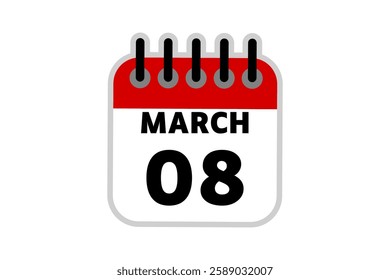 8 March calendar icon text page monthly web design on red, black and white background vector, icon, or illustration with the month of March 8