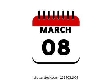 8 March calendar icon text page monthly web design on red, black and white background vector, icon, or illustration with the month of March 8