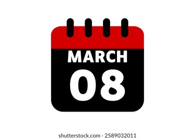 8 March calendar icon text page monthly web design on red, black and white background vector, icon, or illustration with the month of March 8