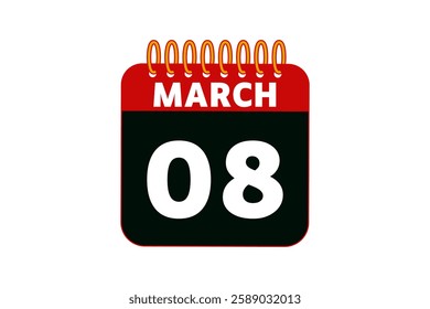 8 March calendar icon text page monthly web design on red, black and white background vector, icon, or illustration with the month of March 8