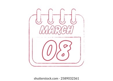8 March calendar icon text page monthly web design on red and white background vector, icon, or illustration with the month of March 8