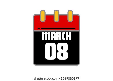 8 March calendar icon text page monthly web design on red, black, yellow and white background vector, icon, or illustration with the month of March 8 