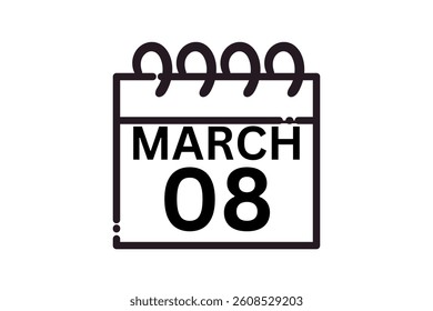8 March calendar icon text page monthly web design on black and white background vector, icon, or illustration with the month of March 8