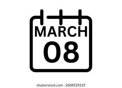 8 March calendar icon text page monthly web design on black and white background vector, icon, or illustration with the month of March 8