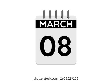 8 March calendar icon text page monthly web design on black and white background vector, icon, or illustration with the month of March 8