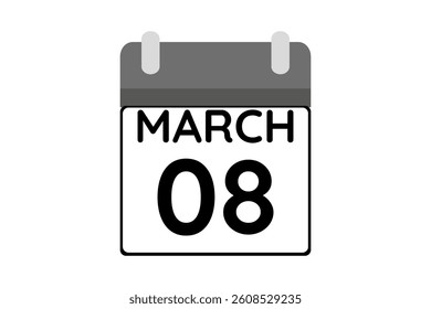 8 March calendar icon text page monthly web design on black and white background vector, icon, or illustration with the month of March 8