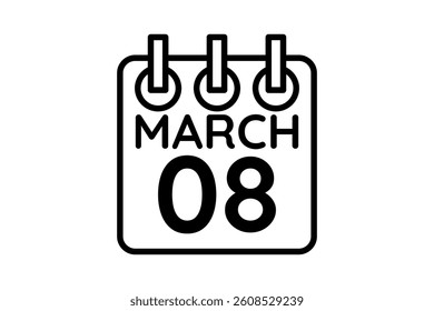 8 March calendar icon text page monthly web design on black and white background vector, icon, or illustration with the month of March 8