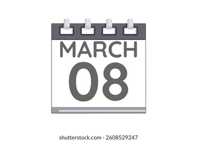 8 March calendar icon text page monthly web design on black and white background vector, icon, or illustration with the month of March 8