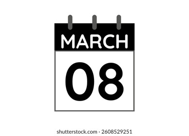 8 March calendar icon text page monthly web design on black and white background vector, icon, or illustration with the month of March 8