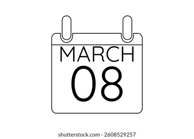 8 March calendar icon text page monthly web design on black and white background vector, icon, or illustration with the month of March 8
