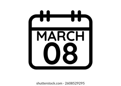 8 March calendar icon text page monthly web design on black and white background vector, icon, or illustration with the month of March 8