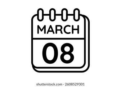 8 March calendar icon text page monthly web design on black and white background vector, icon, or illustration with the month of March 8