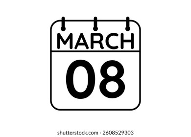 8 March calendar icon text page monthly web design on black and white background vector, icon, or illustration with the month of March 8