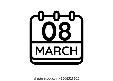8 March calendar icon text page monthly web design on black and white background vector, icon, or illustration with the month of March 8
