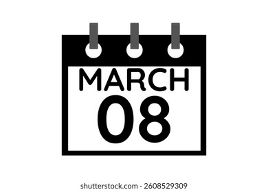 8 March calendar icon text page monthly web design on black and white background vector, icon, or illustration with the month of March 8
