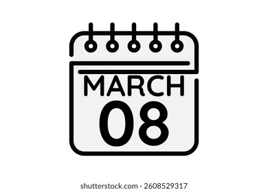 8 March calendar icon text page monthly web design on black and white background vector, icon, or illustration with the month of March 8