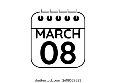 8 March calendar icon text page monthly web design on black and white background vector, icon, or illustration with the month of March 8