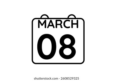 8 March calendar icon text page monthly web design on black and white background vector, icon, or illustration with the month of March 8