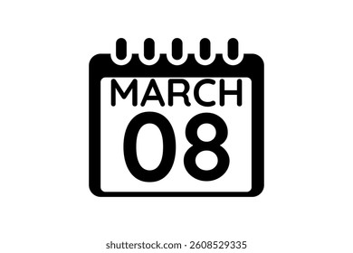 8 March calendar icon text page monthly web design on black and white background vector, icon, or illustration with the month of March 8