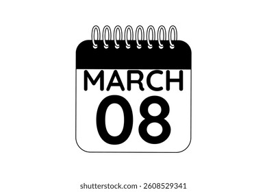 8 March calendar icon text page monthly web design on black and white background vector, icon, or illustration with the month of March 8