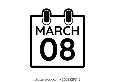 8 March calendar icon text page monthly web design on black and white background vector, icon, or illustration with the month of March 8