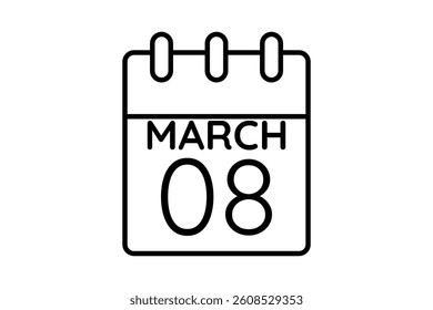 8 March calendar icon text page monthly web design on black and white background vector, icon, or illustration with the month of March 8