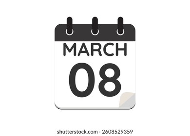 8 March calendar icon text page monthly web design on black and white background vector, icon, or illustration with the month of March 8