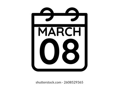 8 March calendar icon text page monthly web design on black and white background vector, icon, or illustration with the month of March 8