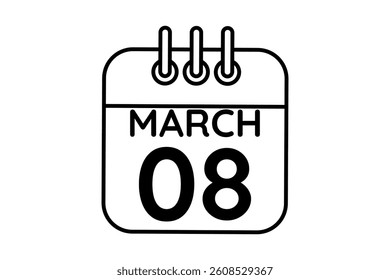 8 March calendar icon text page monthly web design on black and white background vector, icon, or illustration with the month of March 8